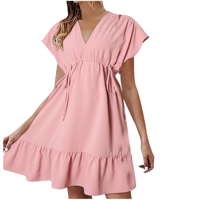 AherBiu Boho Dresses for Women Cap Sleeve V Neck Drawstring Waist Ruffle Flowy Short Dress Solid Color