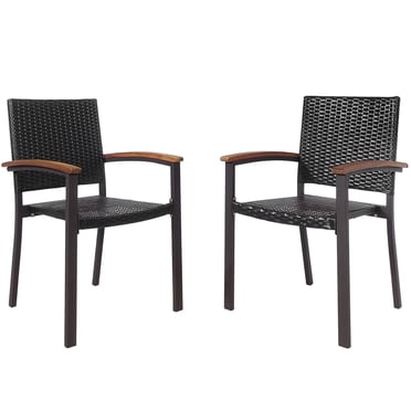 Costway Set of 2 Outdoor Patio PE Rattan Dining Chairs Armrest Stackable Garden