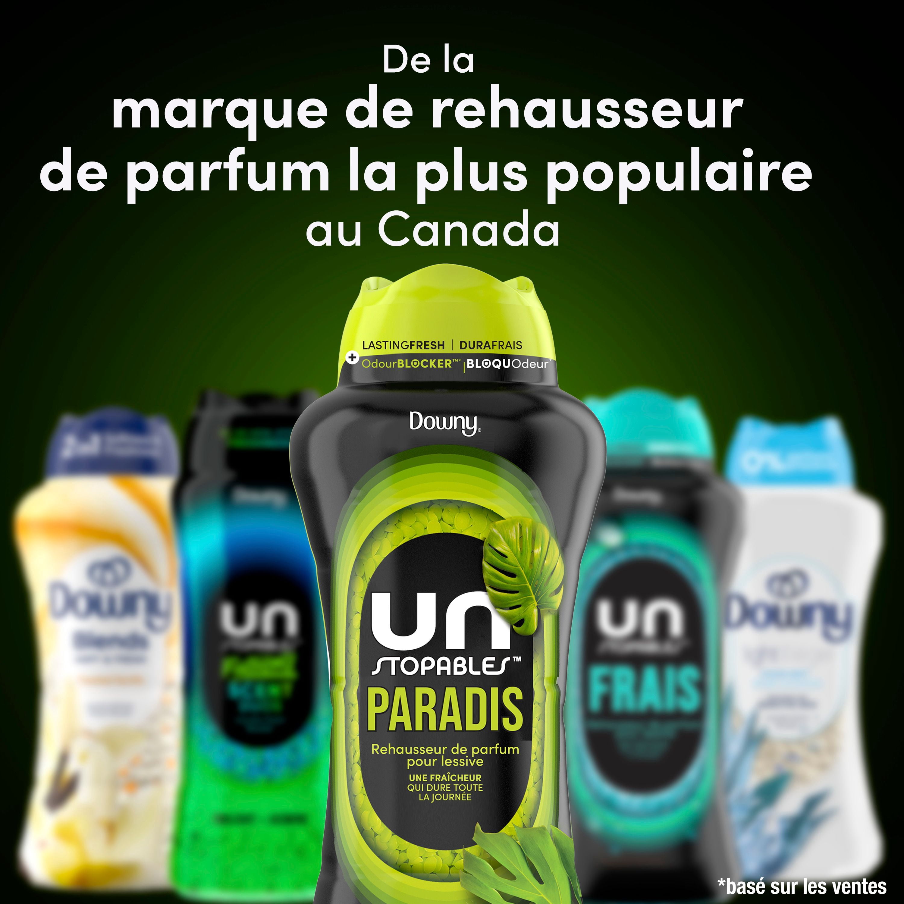 Perles de rehausseur de parfum pour lessive Downy Unstopables, parfum Paradis, perles pour la lessive pour protéger contre les odeurs, perles rehausse-parfum Downy, rehausseurs de parfum pour lessive