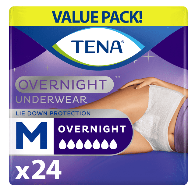 TENA Overnight Incontinence Underwear for Women, Postpartum and Bladder Control, Medium, 24 Count.