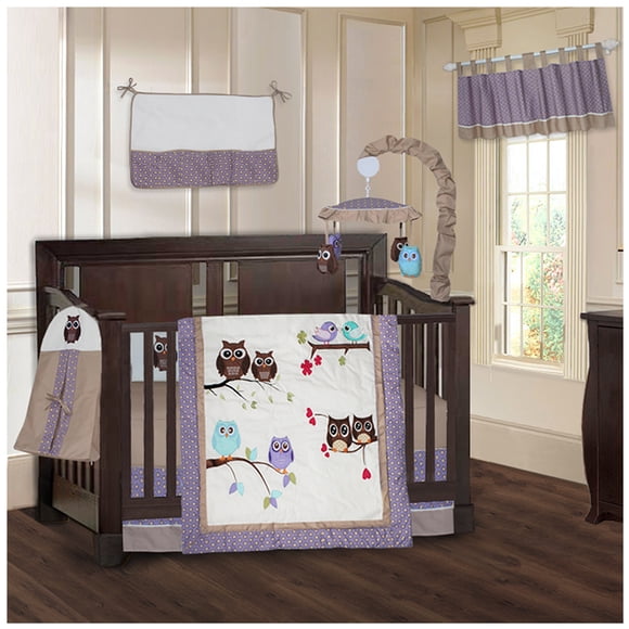 BabyFad Purple 9 Piece Baby Girl Crib Bedding Set with Musical Mobile – Owls & Birds, Premium Embroidery, 100% Cotton, Nursery Décor
