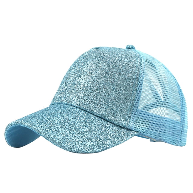 Baseball Cap Display Ponytail Messy Buns Trucker Plain Baseball Visor Cap Unisex Glitter Hat in a shimmering blue finish. Features a curved brim, adjustable hook and loop fastener, and mesh back for breathability. Includes a ponytail slot measuring 3 x 5 inches, ideal for messy buns or high ponytails. Made from polyester, suitable for most head circumferences between 52-65 cm. Designed for women, but also accommodates man buns. Perfect for outdoor activities and all-season wear.