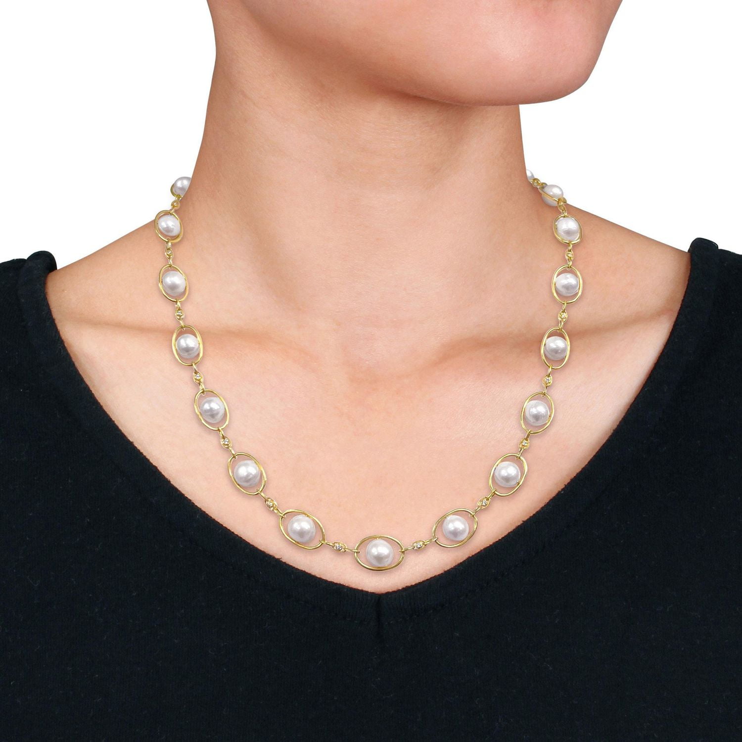 Collier à maillons ovales Miabella en argent sterling plaqué jaune 18K avec perles culture d'eau douce et zircon cubique, 22 po