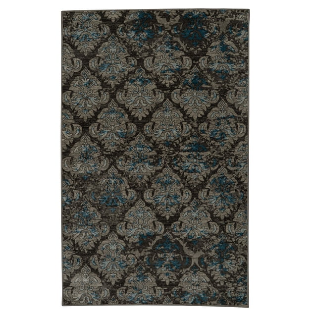 Vintage Clara Grey & Blue 2' x 3' Accent Rug made of machine-made microfiber polyester with a short pile and soft hand. It features a repeating ornate damask pattern in grey and blue with a distressed vintage finish and slight sheen. Ideal as an accent piece to enhance home decor and often used to add texture and style to small spaces.