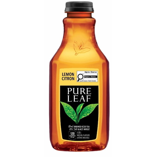 Pure Leaf Lemon Real Brewed Iced Tea 1.75 L bottle with amber plastic body and black screw cap, featuring a label with green tea leaves graphic, lemon flavour text, and nutritional info including 120 calories per 375 ml serving. Brewed from real tea leaves with natural flavours, suitable for sharing and refreshment.