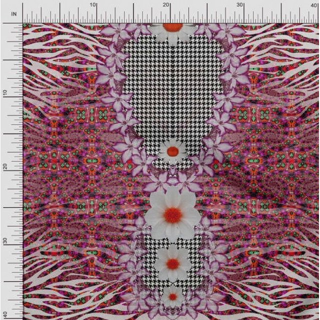 Soimoi Japan Crepe Satin Fabric Geometric Check,Lily & Panel Printed Fabric 1 Yard 42 Inch Wide