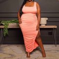 thumbnail image 2 of EQWLJWE Robe Longue pour Femmes Mode Été Grande Taille Couleur Unie Col en U Sans Manches Plissée Extensible Fendue, 2 of 6