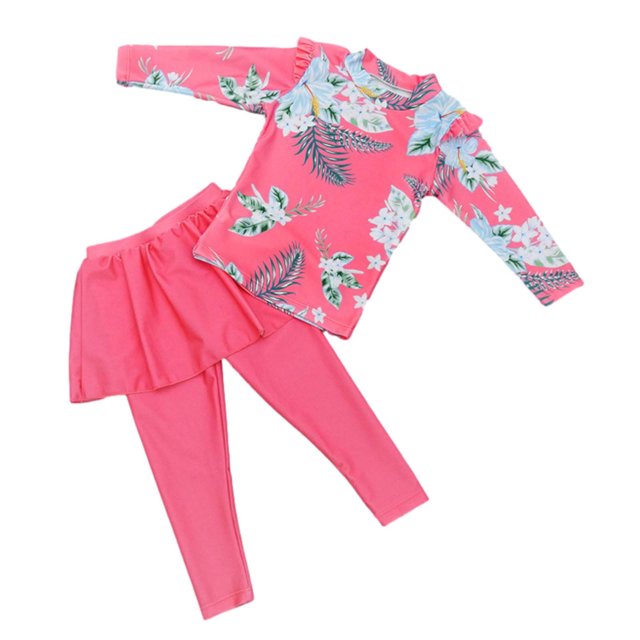 Zwiiyzr 2025 Maillot de Bain 2 Pcs pour Filles Enfants Imprimé Floral Haut Maillot Dermoprotecteur à Manches Longues et Pantalon Long avec Jupe Combinaison anti-UV Maillot de Bain de Plage 3-11 Ans Rouge Melon D\'eau