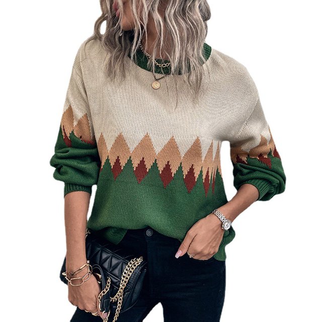 REDHOTYPE Femmes Col Rond Tricot Pull en Vrac Casual Couleur Bloquant Pull à Manches Longues Top