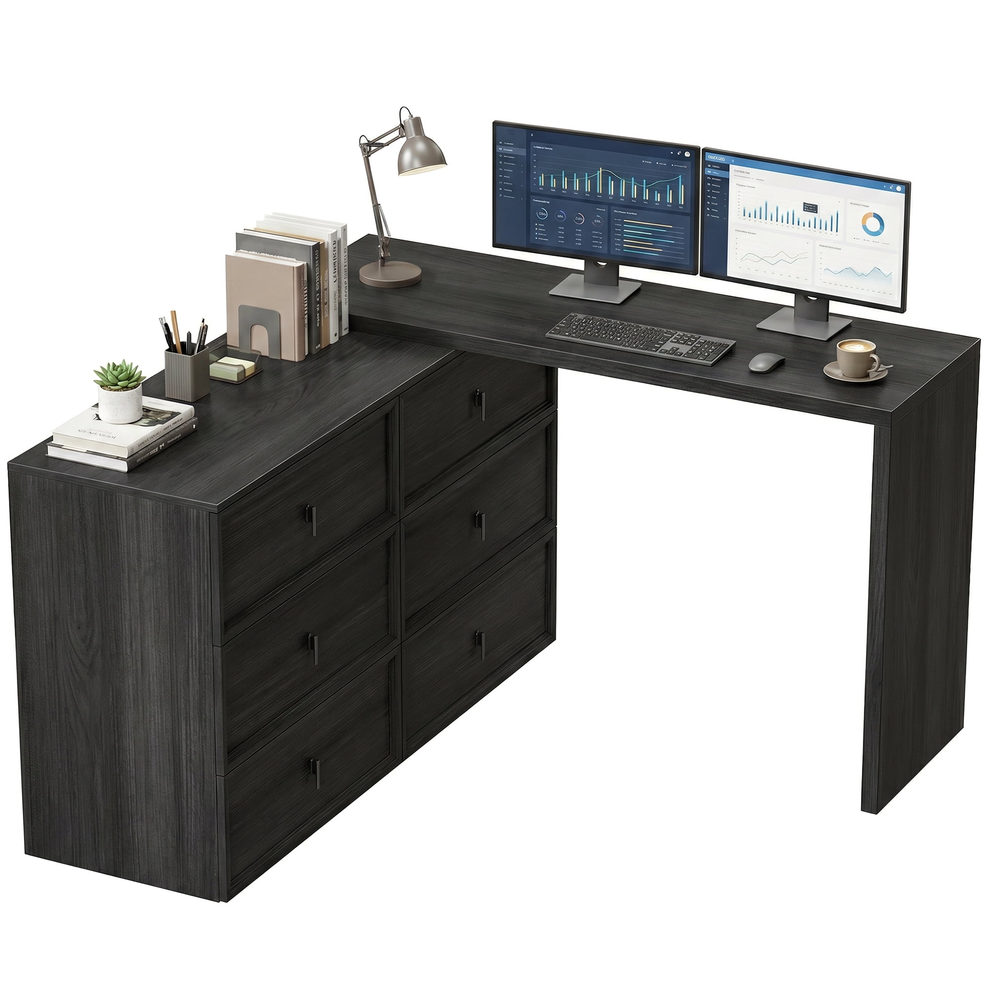 HOMCOM L Shaped Computer Desk with 6 Drawers Black Wood Grain