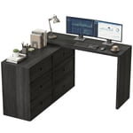 HOMCOM L Shaped Computer Desk with 6 Drawers Black Wood Grain