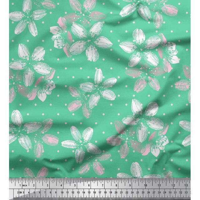 Soimoi Green Moss Georgette Fabric Dot & Floral Print Fabric by The Yard 42 Inch Wide