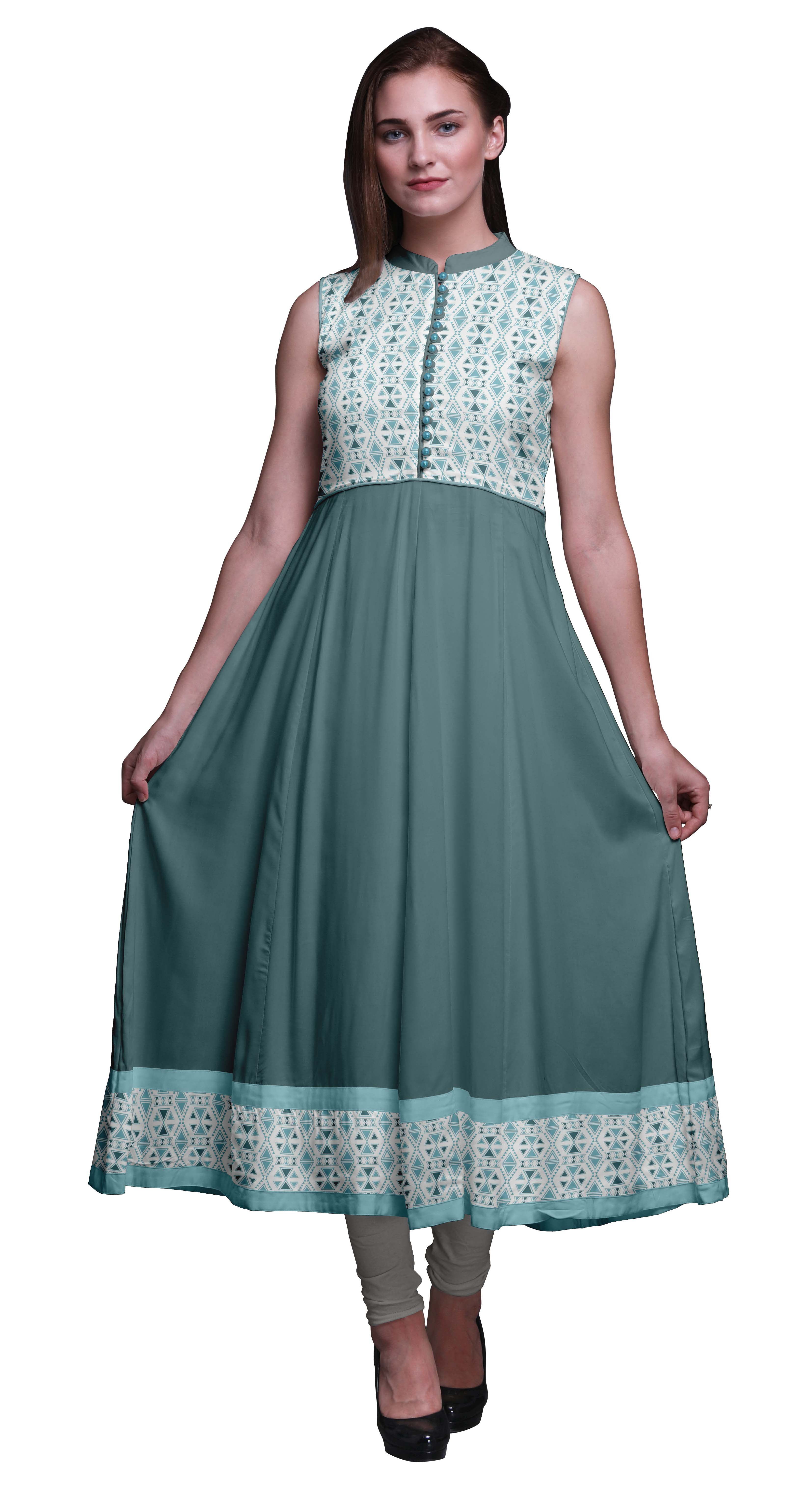 Bimba Kurtis Indiennes Géométriques Vert Sarcelle Foncé pour Femmes, Anarkali Prête à Porter Unie, Robe Imprimée Kurti Indienne Petite