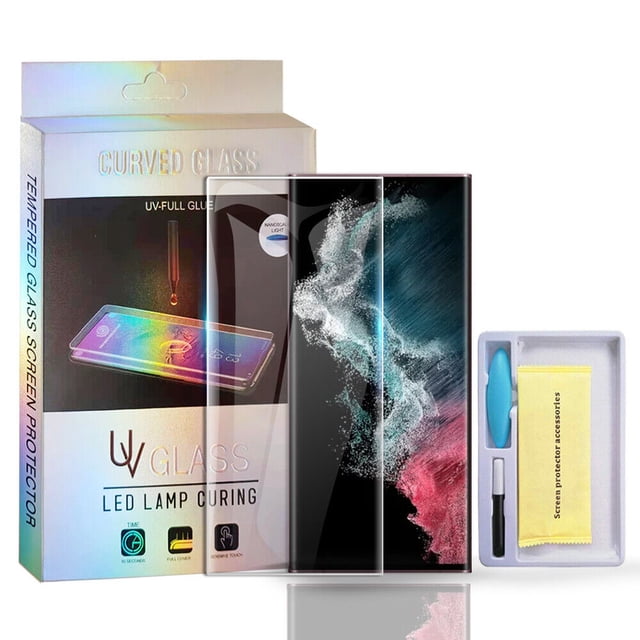 Samsung Screen Protector Galaxy S22 Ultra UV Liquid Gel Tempered Glass Film Guard displayed with its packaging and installation tools. The protector features 3D curved edges, 9H surface hardness, and full coverage for the Galaxy S22 Ultra 5G. Includes UV light, liquid adhesive, and oleophobic coating for fingerprint resistance. The package also contains a cleaning cloth, applicator, and detailed installation instructions.