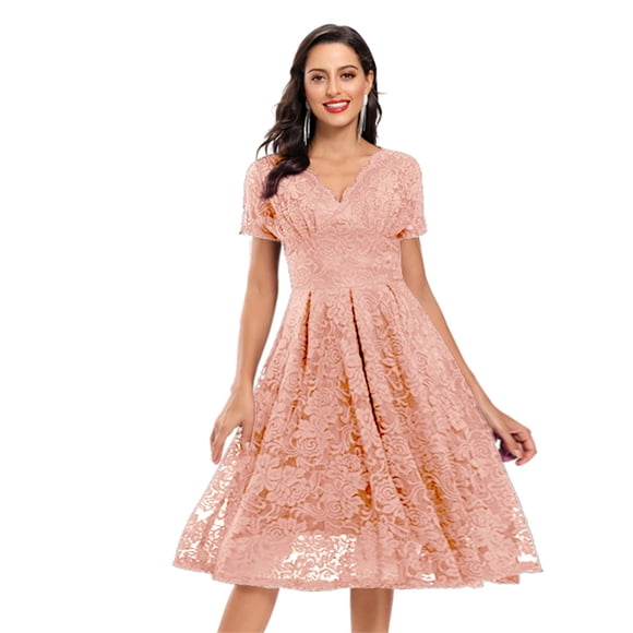 Pink Dresses for Women Solid Color Short Sleeve Lace Dress V-Neck Slim Fit Vintage Cocktail Formal Prom Dress Midi Retro Elegant A-Line Blouse Waisted Pleated Swing Hem Dress,XL