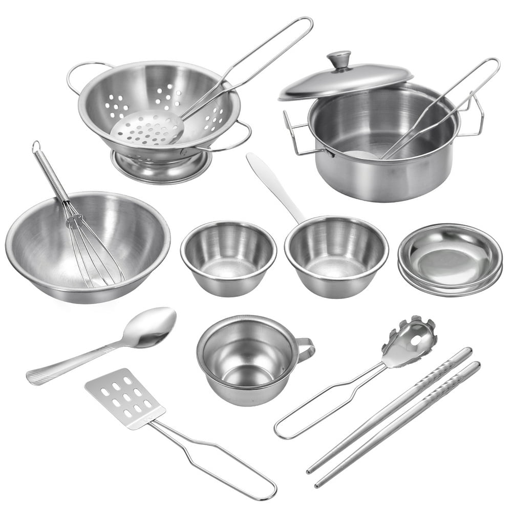 16Pcs Play Pots And Pans Kids Toy Set Stainless Steel Anti-Fall Cookware Pots And Pans Set Educational Kitchen Cooking Utensils For Toddlers & Children