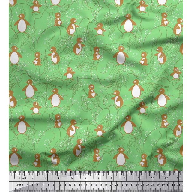 Soimoi Silk Fabric Floral & Penguin Ocean Print Fabric by Yard 42 Inch Wide