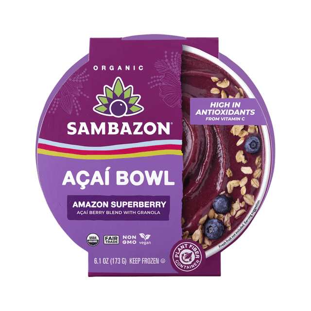 Amazon Superberry Acai Bowl by Sambazon, a 6.1 oz frozen organic açaí berry blend with granola topping in a purple plant-fiber container, high in antioxidants from vitamin C, non-GMO, fair trade, and vegan certified, suitable for a quick nutritious frozen meal.