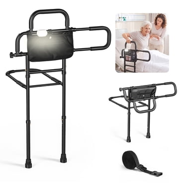 VEVOR Bed Rail for Elderly Adult Folding Bed Assist Rail with Floor Support, Motion Sensor LED Light, 300LBS Dual-Handle Support, Adjustable Handle Length, Storage Pocket, Fit King Queen Full Twin Bed