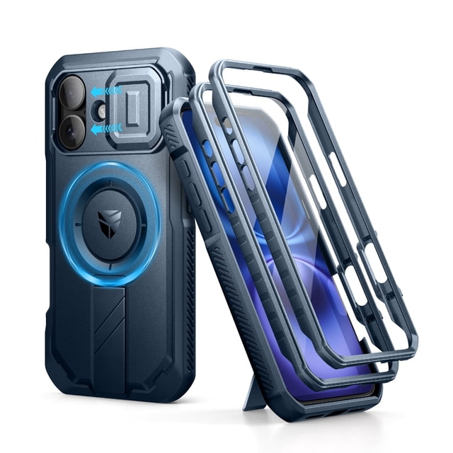 Dexnor for iPhone 16 Case with Slide Camera Cover & Adjustable Kickstand & Built-in Screen Protector,Compatible with MagSafe Shockproof Bumper Cases Heavy-Duty Magnetic Protective Cover, Blue