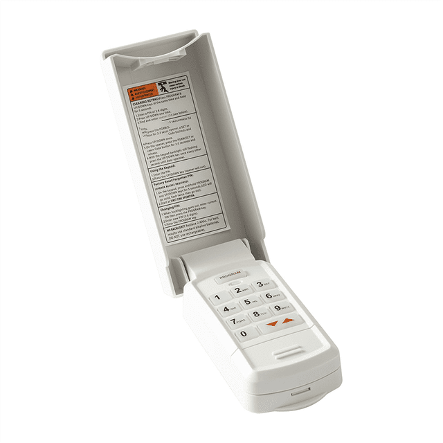 Pavé Ouvre-Porte de Garage Universel Sans Fil -R pour Porte de Garage Genie Orientée vers l'Avant avec Couvercle Rabattable Ouvrant, Révélant un Clavier ABS Blanc avec Boutons Rétroéclairés et instructions de Programmation Imprimées sur le Couvercle Intérieur. Ce Pavé Ouvre-Porte de Garage Sans Fil Contrôle jusqu'à Trois Ouvre-Porte de Garage et Est compatible avec les Systèmes à code Roulant et à code Fixe à Commutateur dip. Comprend la Technologie de Sécurité Intelli code pour une protection Accrue contre les Accès Non Autorisés. Comprend des Vis, 2 Piles AAA et un Support