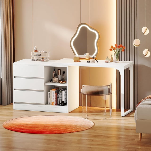 Tribesigns Vanity Desk with 3 Drawers and 2 Shelves, White Small Makeup Vanity Table with Reversible Storage Cabinet, Modern White Corner Dressing Table for Bedroom, Makeup Room (Mirror not Included)