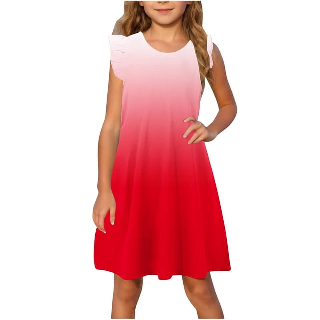 Yanlir Robe de Fête pour Tout-Petites Filles 4-14 Ans Enfants Douce et Confortable Manches à Volants Couleur Unie Col Ras du Cou Robe d'Été pour Tenues de Princesse (Rouge#1, 11 Ans)