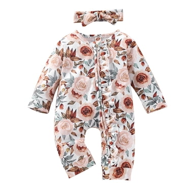 FhsagQ Romper Girls Christmas Jumpsuit Size 8-10 under 20 Baby Girls Cotton Floral Autumn Long Sleeve Romper Jumpsuit Headbands Clothes Toddler Girls Christmas Romper 4T-5T Winter White 12-18 Months