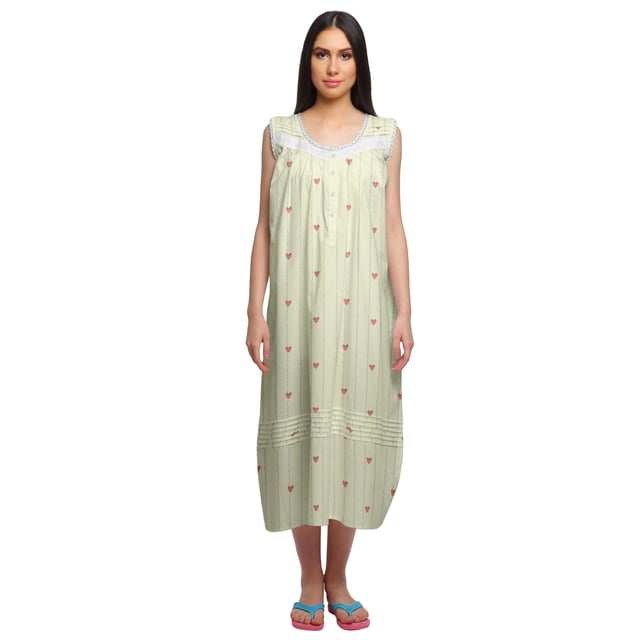 Moomaya Printed Womens Button Placket Mid Long Nightdress Cotton Night Gown