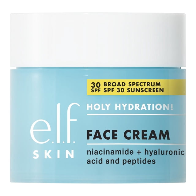 e.l.f. Cosmetics Holy Hydration! Crème pour le Visage à Spectre Grand FPS 30 Écran Solaire tube pour l'Avant avec Capuchon; Hydratant Quotidien Léger et Crème pour le Visage Non Grasse Formulée avec Acide Hyaluronique, niacinamide et peptides pour Hydrater et Aider à Unifier le Teint Tout en Offrant une protection à Spectre Grand FPS 30. Souvent Utilisée comme base d'Apprêt sous le Maquillage.