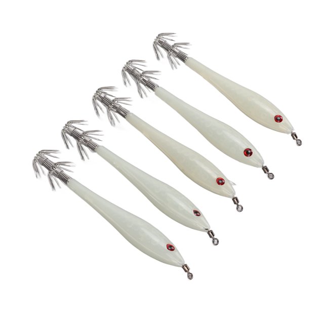 5PCS Dur Pêche Leurre Simulation Calmar Faux Appât Crochets Calmar Artificiel Double Crochet JigLuminous Blanc