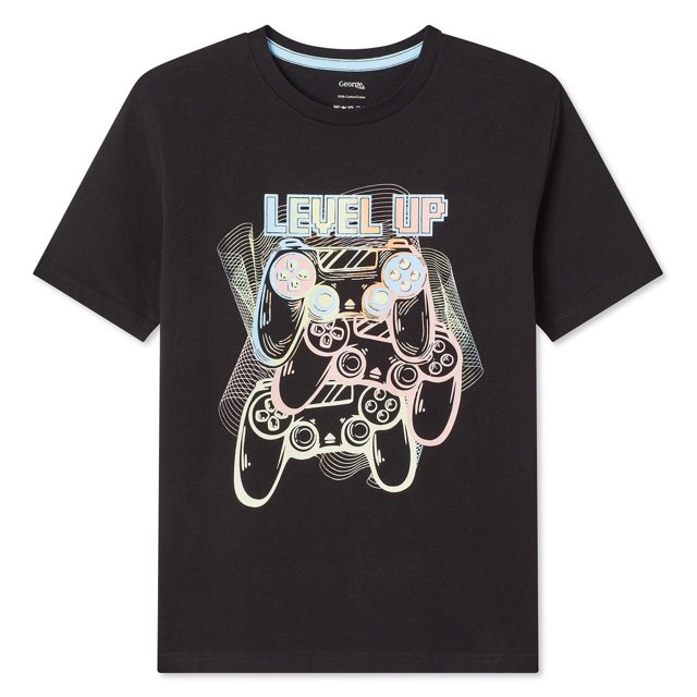 George T-shirt Graphique pour Garçons en Noir avec un Graphique pastel à l'Avant de Trois Manettes de Jeu Vidéo Superposées avec Texte « Level UP », Fabriqué en Tricot jersey 100 % Coton avec Encolure Ras du Cou Côtelée et Manches Courtes, Parfait pour un Usage Quotidien Décontracté.