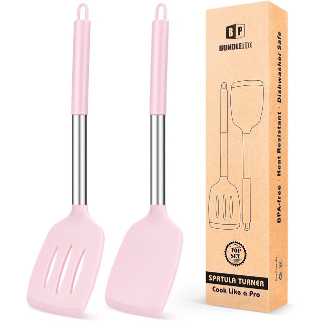 Bundlepro Pack of 2 Silicone Spatulas Turners, Non Stick Slotted and Solid Kitchen Utensils
