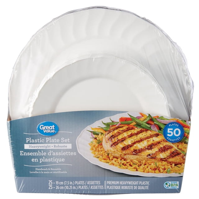 Great Value Ensemble d'Assiettes en Plastique Lourdes Contenant 50 Assiettes en Plastique Blanches Lourdes, 25 Mesurant 19 cm (7.5 Po) et 25 Mesurant 26 cm (10.25 Po). Les Assiettes Sans BPA Sont Réutilisables, Lavables à la Main et Convenant aux Besoins de Vaisselle Jetable, Présentées dans l'Emballage avec un Repas de Poulet Grillé et de Légumes.