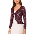 thumbnail image 4 of INSPIRE CHIC Women's Floral Lace Cardigans Tie Front Ruffled Hem Sheer Crop Bolero Shrug M Burgundy, 4 of 7
