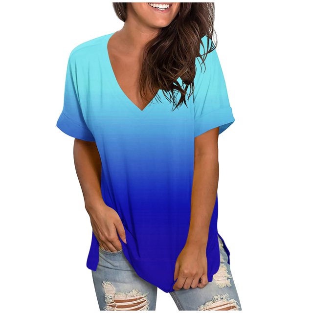 Blouses pour Femmes Mode Décontractée Dégradé Col en V Manches Courtes T-shirt Ample