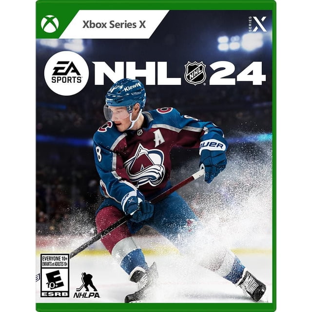 NHL 24 (Xbox Series X) cover showing a Colorado Avalanche hockey player in blue and burgundy uniform skating on ice with a hockey stick and ice spray, with EA Sports and NHL logos on a dark arena background.