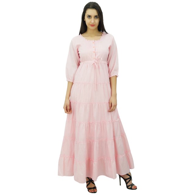 Bimba Robe Maxi d'Été en Coton à Manches 3/4 pour Femme, Taille à Cordon
