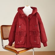 Mceream Women Hooded Puffer Jacket Winter Warm Thick Quilted Parka Zip Up Casual Coat with Pockets Lightweight Outwear Plus Size Outwear Chaqueta De Invierno Para Mujer Red XL