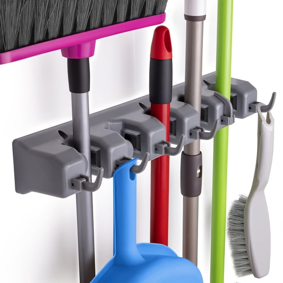 Zulay Home Mop and Broom Organizer Wall Mount - 5 Plastic Slots Gray