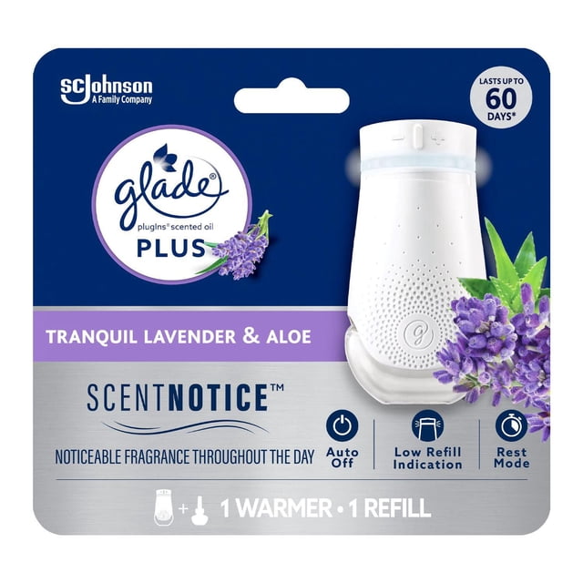 Glade PlugIns® Scented Oil Plus Starter Kit - Tranquil Lavender & Aloe with a white plug-in warmer featuring adjustable scent intensity, smart light technology, auto shut-off, low refill indicator, and rest mode, displayed on blue and silver packaging with lavender and aloe visuals, providing up to 60 days of fragrance.