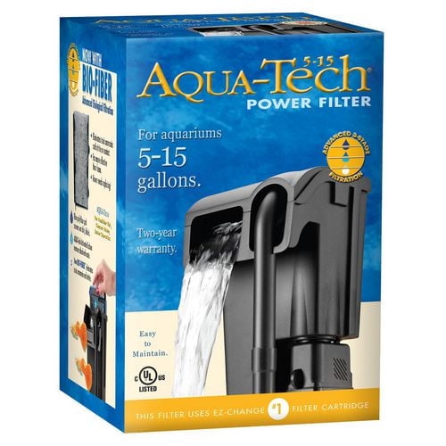 Aqua-Tech 5-15 Boîtier de Filtre d'Alimentation Montrant un Filtre d'Alimentation d'Aquarium Noir avec l'Eau Qui s'Écoule de Sa Sortie, Conçu pour les aquariums de 5 à 15 Gallons, avec filtration Avancée à 3 Étapes, Entretien Facile, Garantie de Deux Ans et certification UL.