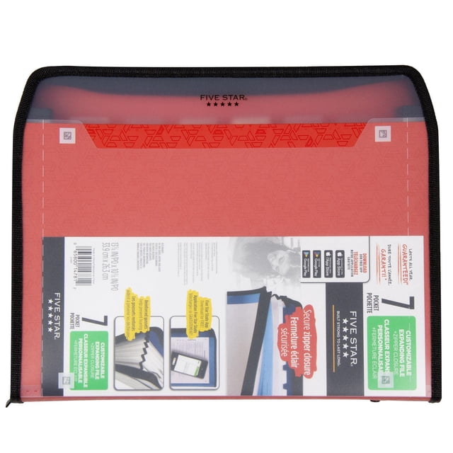 Five Star® Classeur Extensible Personnalisable à 7 Pochettes Format Lettre en Rouge avec Fermeture Éclair, Coque en Plastique durable, Soufflets Renforcés et Deux Boucles pour Stylet Externes, Conçu pour une Organisation Sécurisée des documents.