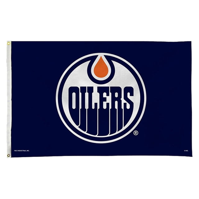 LNH Oilers d'Edmonton Drapeau 3x5 en polyester Bleu Marine durable Affichant le logo Officiel de l'Équipe avec un Cercle Blanc, un Texte « Oilers » Bleu Marine et une Goutte d'Huile orange, avec Deux Oeillets en Laiton pour une Suspension Facile, Convient à l'Exposition Extérieure Ou Intérieure et aux Tailgates.