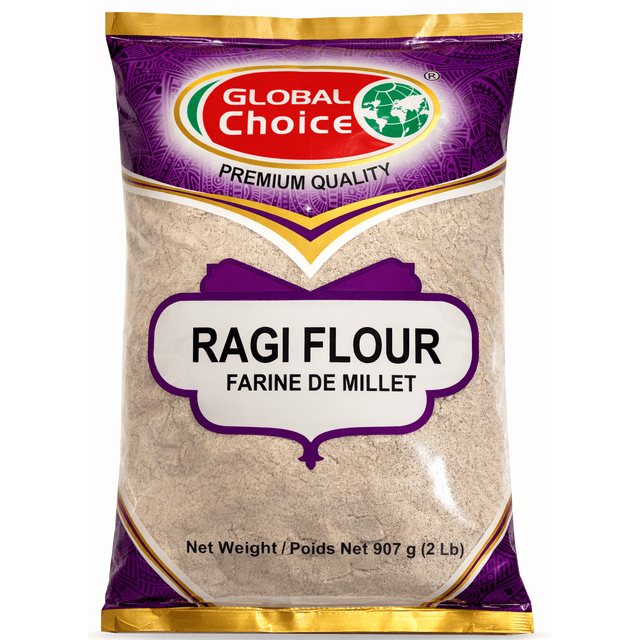 Global Choice Ragi Flour (Finger Millet), 2lbs bag with finely milled finger millet flour for Indian cooking and South Asian recipes. The packaging features a purple and gold design, emphasizing premium quality and versatility for dishes like ragi roti, dosa, porridge, pancakes, and baked goods. Naturally nutritious and ideal for balanced diets.