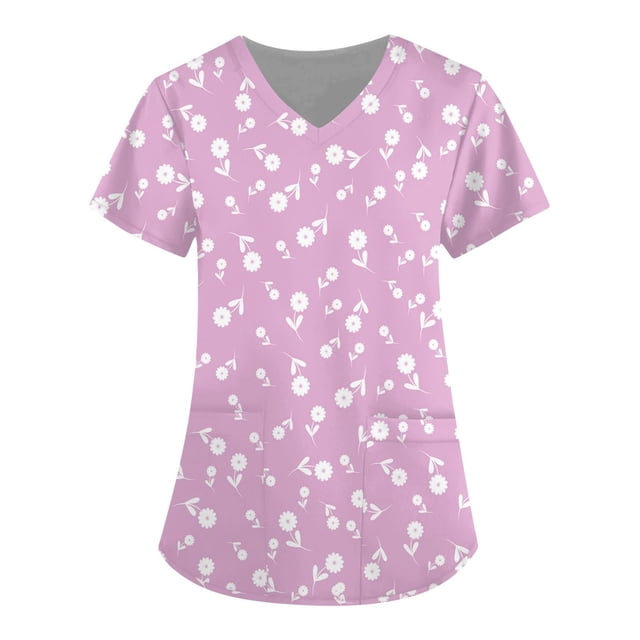 TIMIFIS Hauts de Sarrau d'Infirmière pour Femmes de la Saint-Valentin Uniforme de Travail Manches Courtes Col en V Blouse T-shirt de Travail avec Poches pring