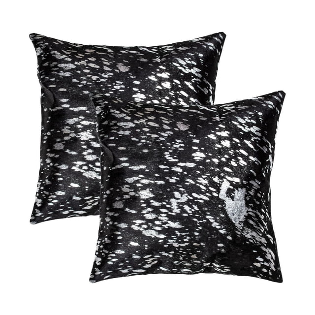 TORINO Écosse Cuir de Vache PILLOW 18"X18 Pouces Lot de 2 Comprenant Deux Coussins Décoratifs en Cuir de Vache Noir et Argent Moucheté avec construction Cousue à la Main, Fermetures Éclair Cachées et inserts en polyfil, Idéal pour Superposer dans la Déco de la Maison et Ajouter de la texture aux Sièges du Salon.