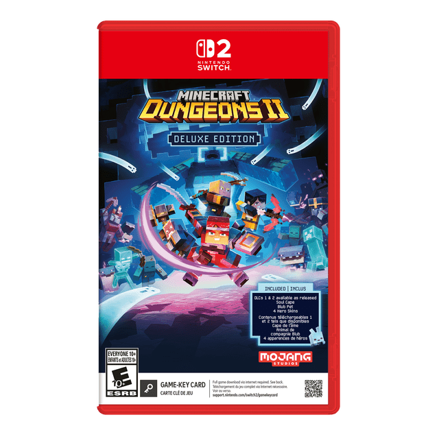 Minecraft Dungeons II Deluxe Edition (Nintendo Switch 2) centered cover showing blocky hero silhouettes fighting mobs in a fiery, pixelated environment; Deluxe Edition includes pre-order cosmetics (2 hero skins, Twisted cape, Twisted chicken pet) and DLC 1+2 (when released), playable solo or with up to 4 players in online or couch co-op, suitable for local multiplayer sessions.