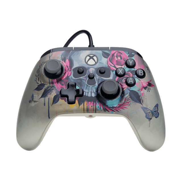 Manette Filaire PowerA Advantage Plus pour Xbox Series X/S - Vue avant de la Manette Filaire avec Coque Noire et Motif Bloom & Gloom Vert Pâle, Joysticks à Rotation Rapide avec 3 Réglages de Hauteur, Poignées à Texture Losange, Deux Boutons Arrière Mappables, Double Moteurs à Bruissement, Prise Casque 3,5 mm et Câble USB-C extra-long de 10 Pi; Convient Aussi aux Jeux sur PC Windows 10/11.
