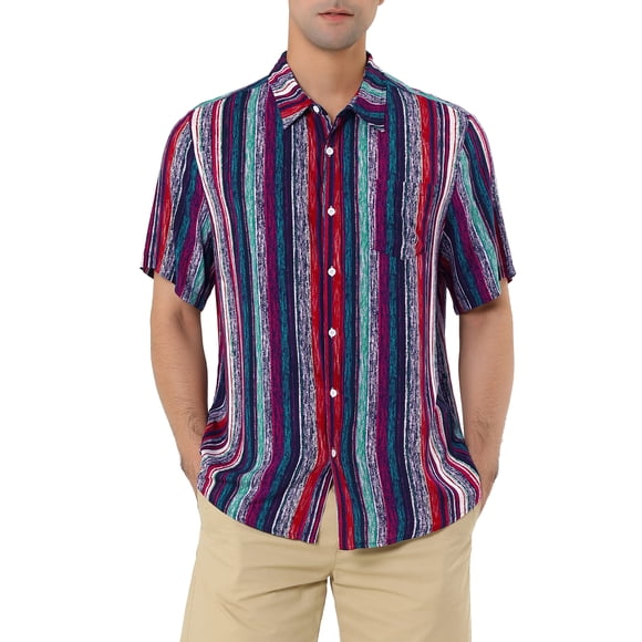 INSPIRE CHIC Men's Button Down Point Collar Short Sleeve Vertical Striped Shirt